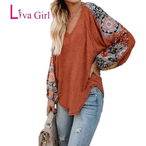 LIVA GIRL Eyelet Thermal Women Knit Tops Floral Print Lantern Long Sleeve V-neck Waffle Texture Shirt Female Casual Pullover XXL