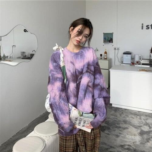 2021 Women Autumn Winter New Tie-dyed Knitted Oversized Tops Female O-neck Pullover Jumpers Ladies Casual Sweater Tops R560