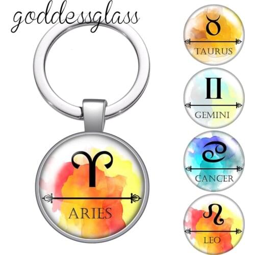 12 constellations Zodiac Signs symbol logo round glass cabochon keychain Bag Car key chain Ring Holder Charms keychains Gifts