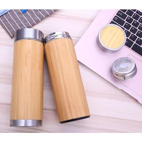 Bamboo Stainless Steel Water Bottle Vacuum Insulated Travel Vacuum Cup with Tea Infuser Strainer 450ML SN946