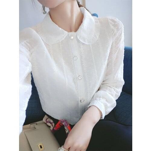 Womens Spring Autumn Style Blouses Shirt Womens Long Sleeve Solid Color Button Korean Lace Tops DD9096