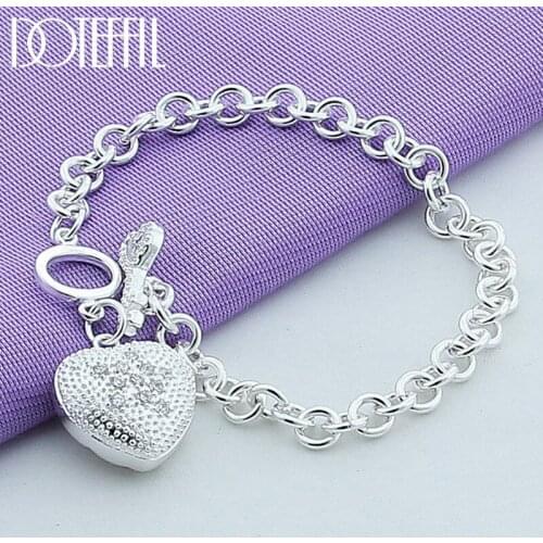 DOTEFFIL 925 Sterling Silver AAA Zircon Heart Key Bracelet For Woman Charm Wedding Engagement Party Fashion Jewelry