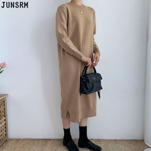 One-Piece Knitted Dress Women Vintage Knit Pullover Sweater Dresses 2020 Winter Korean Style Lazy Loose Office Dress Midi Dress