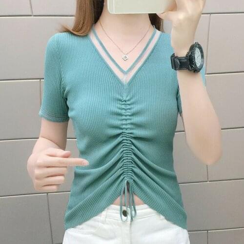 2021 Summer Creative Drawstring T-shirt Women Ice Silk V Neck Half Sleeve Thin Tops Pleating Exposed Navel Sexy Chic Tee Top