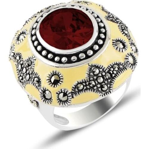 Silver 925 Sterling Marcasite, Zircon Stone & Enamel Ring