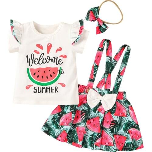 2021-03-12 Lioraitiin 1-5Years Toddler 3 Pieces Kids Girl Suit Set Watermelon Print Short Sleeve Tops+ Suspender Skirt Headband