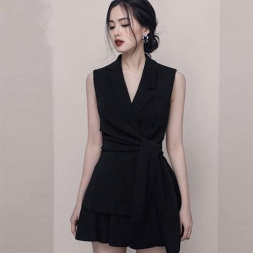 2 Piece Set Women Suit 2019 Turn-down Collar Sleeveless Suit Long Tops and Pleated Mini Skirts Crop Top and Skirt Two Piece Set