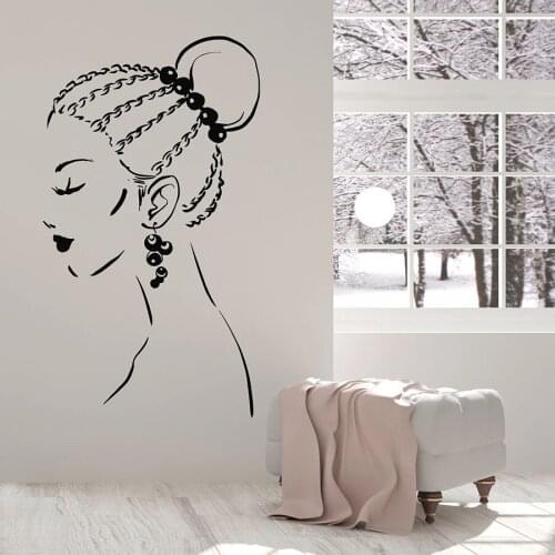 Beautiful Girl Wall Decal Face Braids Hairstyle Earrings Vinyl Window Stickers Beauty Salon Girls Bedroom Interior Decor C083
