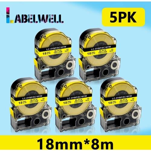 Labelwell 5PK SC18YW printer ribbon for Epson SC18YW LC-5YBP 18mm Black on Yellow labels for Epson KingJim Label Printer LW-400