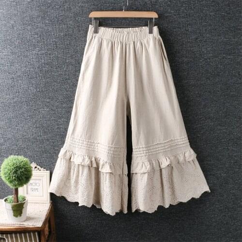 Summer New Solid Embroidery Flower Elastic Waist Wide Leg Pants Women Casual Daily Wear N821-59