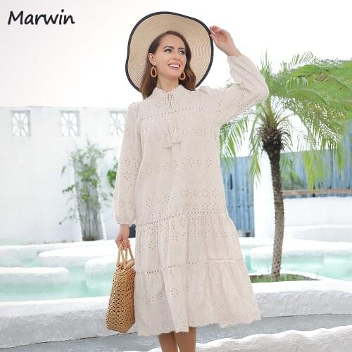 Marwin Long Simple Casual Solid Hollow Out Pure Cotton Holiday Style High Waist Fashion Mid-Calf Autumn Dresses NEW Vestidos