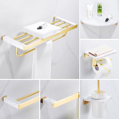 Bathroom Accessories Bath Hardware Set Marble Brush Gold Brass Towel Rack Paper Holder Toilet Brush Holder Towel Bar Bath Shelf
