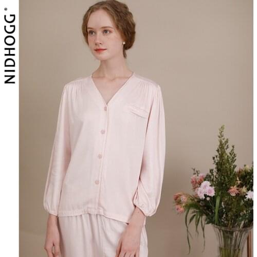Autumn Satin Fresh Pajamas Women V-neck Solid Color Long Sleeve Pants Pyjamas V-Neck Sleepwear Sexy Pijama Mujer 2 Piece Clothes