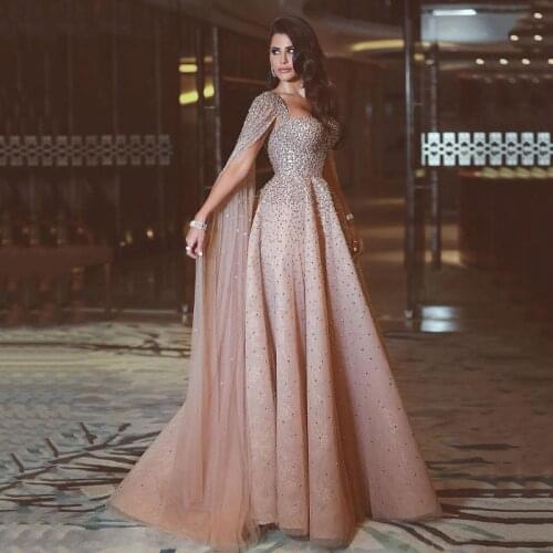 Amazing Dusty Pink Long Evening Dress Heavy Beading Tulle Prom Dresses A Line Long Sleeve Dubai Arabic Formal Gown Abendkleider
