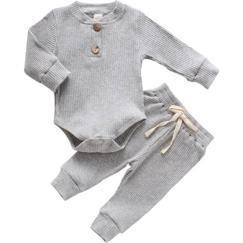 Casual Newborn Baby Boy Girl Long Sleeve Button Bodysuit Tops Long Pant 2PCS Solid Color Cotton Clothes Set 0-24M