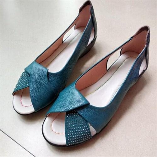 Summer Genuine Leather hollow mother shoe fish mouth sandals female non-slip Comfortable soft bottom shoes flats large size35-43