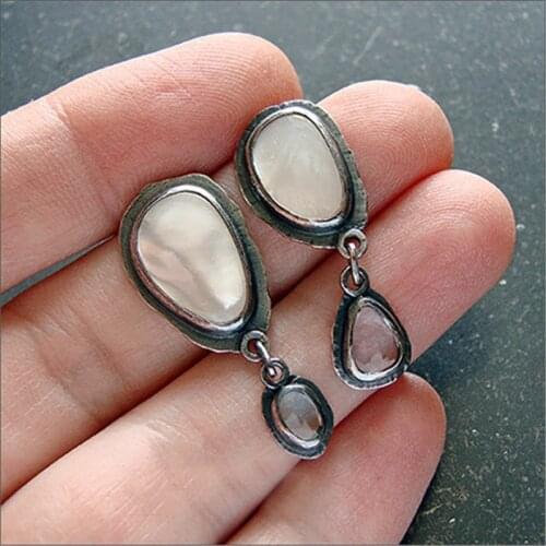 Delicate White Moonstone Drop Earrings for Women Indian Tribal Antique Silver Color Brincos Statement Dangle Earring Jewelry