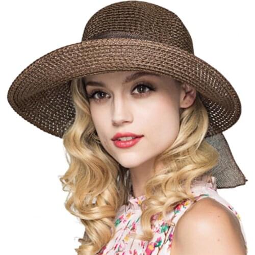 Summer Wide Brim Sun Hat Sunscreen Hat Bow Foldable Solid Color Straw Hat