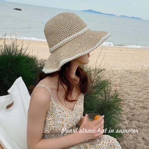 Straw Hat Women Pearl Big Brim Hat Female Summer Fashion Sunshade Retro Beach Travel Sun Hat