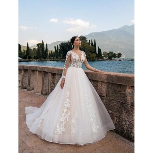 Ivory Lace Beading Sequins Tulle Long Sleeves V-Neck Floor-Length Princess A-Line Wedding Dresses Chapel Train Custom Made