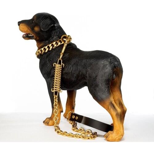 Heavy Duty Dog Chain Leash Stainless Steel Silver Gold Pet Lead Rope Buffer Spring Labor-Saving Genuine Leather Handle Dog Leash