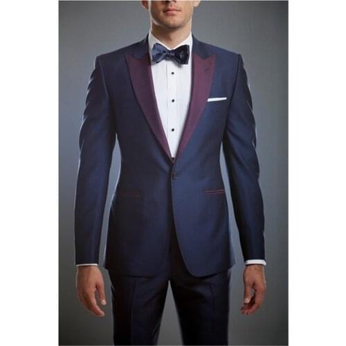 High Quality One Button Navy Blue Groom Tuxedos Peak Lapel Groomsmen Men Blazers Suits (Jacket+Pants+Tie) NO:445
