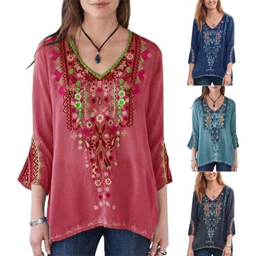 Plus Size Tshirt Summer Women Boho Casual V Neck Long Sleeve Floral Embroidery Blouse Top Loose Shirt Streetwear 3XL
