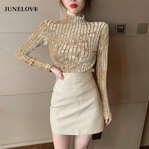 JuneLove Spring Autumn Basic Blouse Shirts Striped Pattern Turtleneck Long Sleeve Elastic Korean Fashion Tops Office Lady Blouse