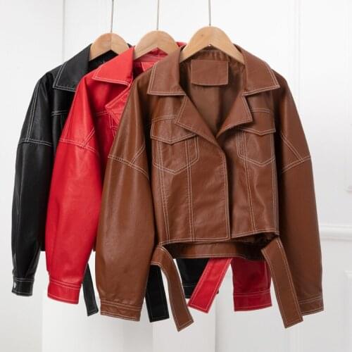 2020 Spring Autumn New Korean Version Loose Large Size Raglan Sleeves Leather Jacket Womens Short Long-Sleeved Pu Leather
