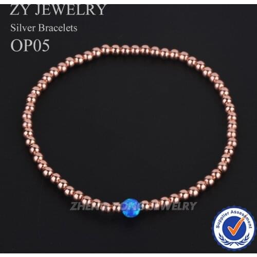 New Product 5mm Blue Opal Bead Bracelet Rose Gold Color Plated Silver Bead Bracelet for Women
