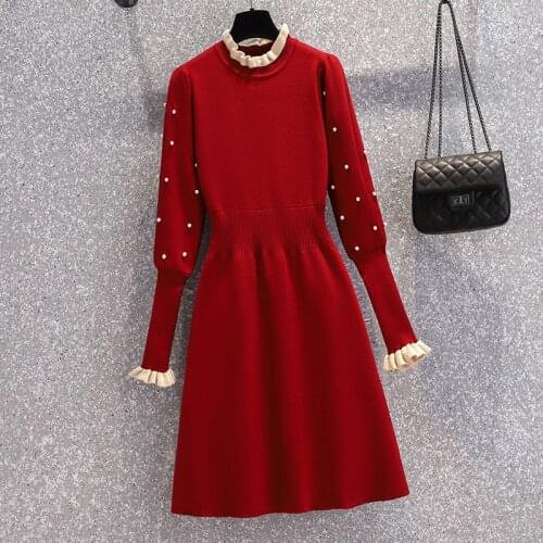 M-4XL plus size women elegant Beading sweater dresses 2021 long sleeve half collar ruffle kintting thick autumn winter dress