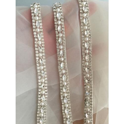 1 yard /lot rose gold / silver Slim rhinestone crystal beaded trim , iron on beaded applique for wedding belt sash bridal