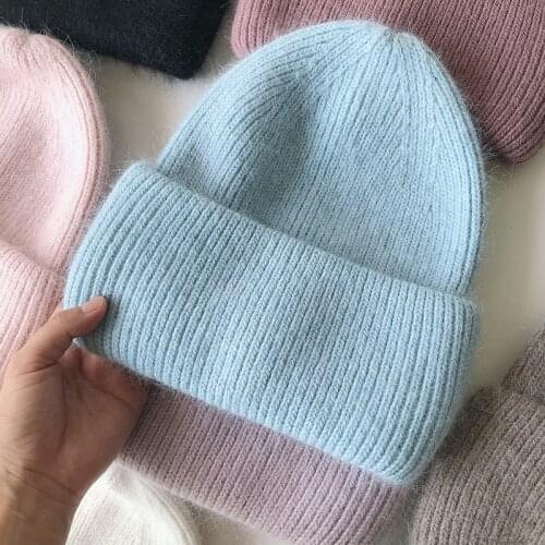 2021 Fashion rabbit fur winter hat for women Angora Solid Warm Woolen Knitted Hat ladies skullies beanies Female bonnet knit ha