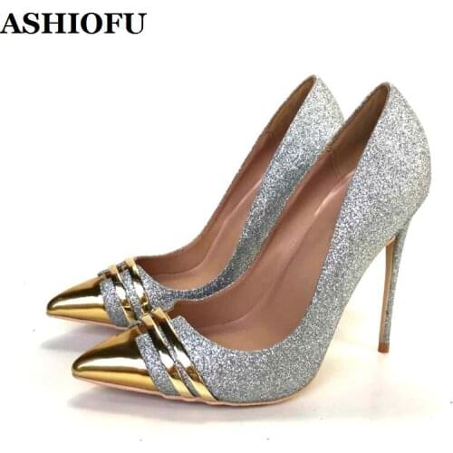 ASHIOFU Handmade Ladies Stiletto High Heel Pumps Metallic Pointed-toe Party Dress Shoes Sequin Glitter Evening Fashion Shoes