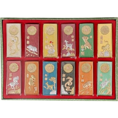 12 Zodiac Calligraphy Ink Colorful Ink Sticks Tinta China Ancient Chinese Ink Stick Block Calligraphy Writing Painting Pine Soot