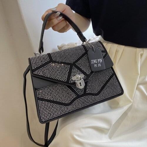 Designer Diamond Womens Handbag Pu Leather Shoulder Bags Black Small Flap Messenger Bag Female Splice Rhinestone Crossbody Bag