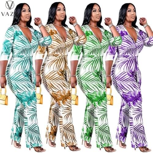 VAZN 2021 Ins Plus Size High-end Chiffon Overalls Sexy Vintage Mature Free Style Full Sleeve Women Slim Wide Leg Jumpsuits