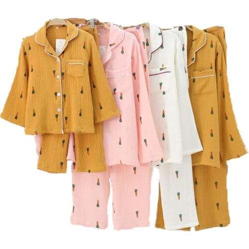 Mother/Father/Kid Korean Long-sleeved Cotton Crepe Pajamas Family Matching Clothes Cartoon Casual Mother and Daughter Loose Set