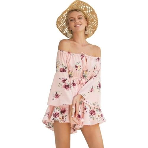 New Floral Printing Slash Shoulder Playsuits Pink Ruffle Bohemian Bodysuits Fashion Chiffon Slamese Pants Woman Rompers Summer