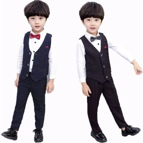 Children Spring Autumn Clothing Set Flower Boys British Wedding Performance Costume Kids Dot Vest Shirts Pants Clothing Sets