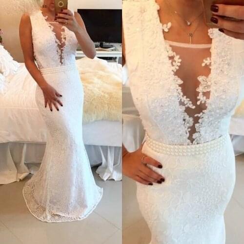ANGELSBRIDEP Lace Mermaid Wedding Dresses Robe de mariee Sexy Deep-Neck Applique Vestido De Noiva Formal Bride Gowns HOT