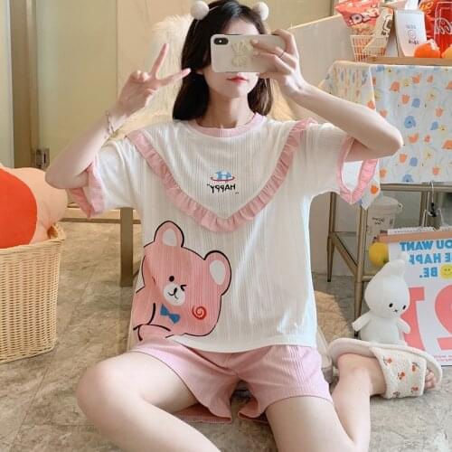 Sweet Girl Summer Cotton Pajamas Set Cute Cartoon Bear Print Lace Round Neck Sleepwear Short Sleeve Shorts Femme Nighty