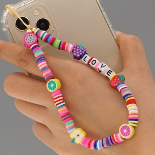 Cute Fruit Bead Anti-lost Phone Chain Rainbow Acrylic Mobile Phone Lanyard Wristband Phone Case Hanging Strap Cord Boho Jewelry