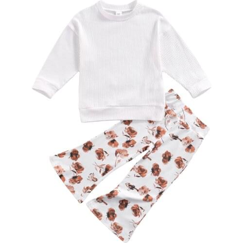2021 0-4Y Casual Kids Baby Girl Clothes Set White Solid Color Long Sleeve Knitted Top Pullover+Rose Flare Pants Spring Fall 2pcs