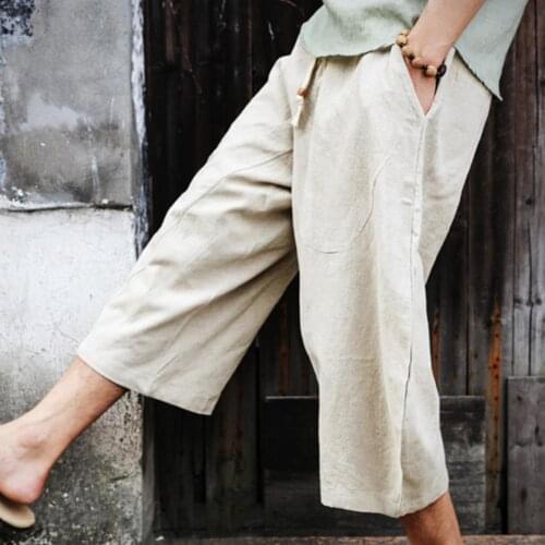 80% Hot Sale Capri Pants Solid Color Drawstring Men Loose Mid Rise Pockets Trousers for Daily Wear