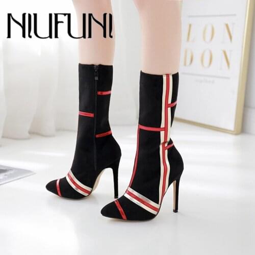 NIUFUNI 2019 New Autumn Women Boots Mixed Colors Pointed High Heels Mid-Calf Botas Mujer Sexy Lady Stilettos Women Shoes