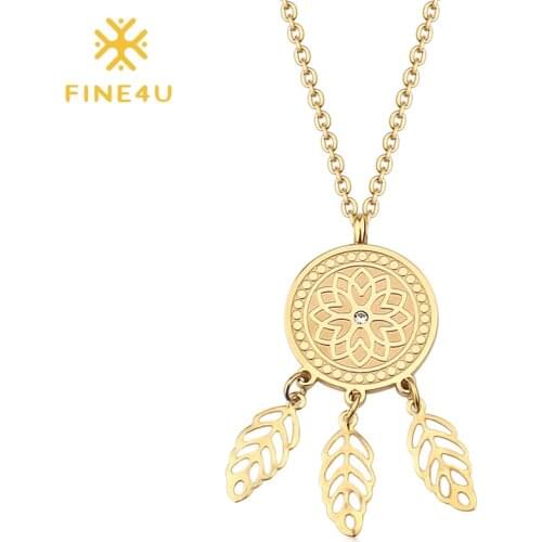 FINE4U N479 Stainless Steel Dream Catcher Pendant Necklace Hollow Tassel Feather Charms Statement Jewelry