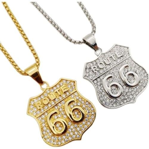 Bling Bling Gold color stainless steel American Historic Route 66 pendant necklace Full rhinestones ROUTE 66 necklace jewelry