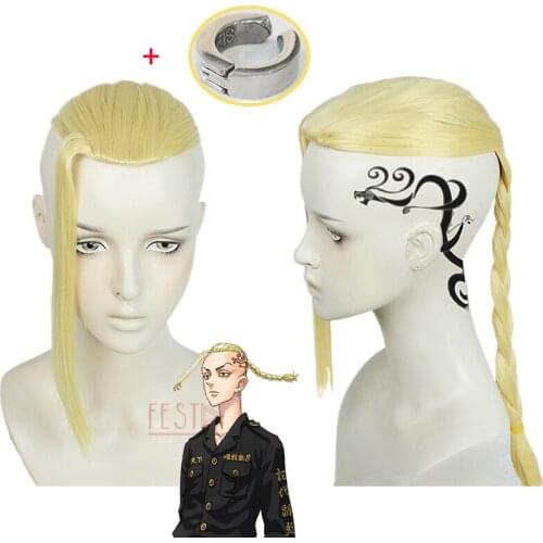 Anime Tokyo Revengers Cosplay Wig Ken Ryuguji Cosplay Golden Wig Earring Heat Synthetic Fiber Hair Free Wig Cap Role Play Adult