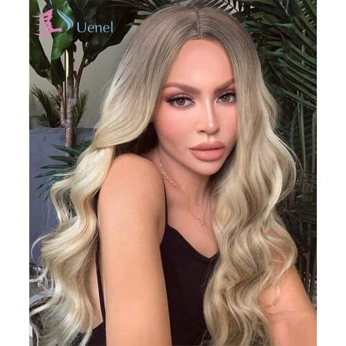 Uenel Ombre Wig Dark to Blonde High Density Heat Resistant Synthetic Hair Natural Full Wigs Hair Long Wavy Wig For Women